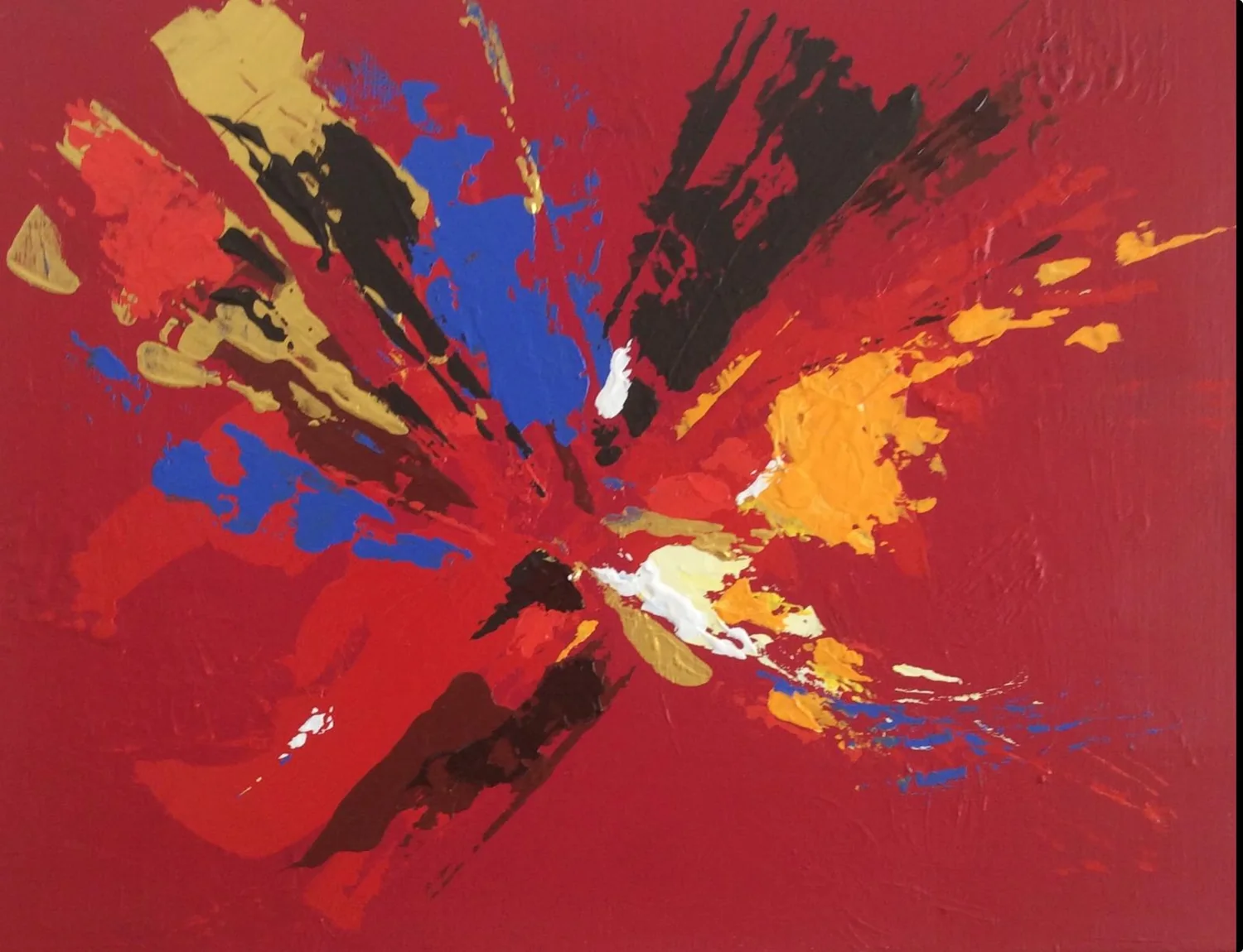 Red abstract painting with gold, blue, black, orange, and white sweeping gestures.